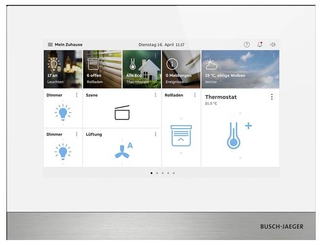 Intelligentes Bedienfeld für die Hausautomation mit Symbolen für Beleuchtung, Jalousien, Thermostat und Wetter. Die aktuelle Temperatur beträgt „21,5 °C