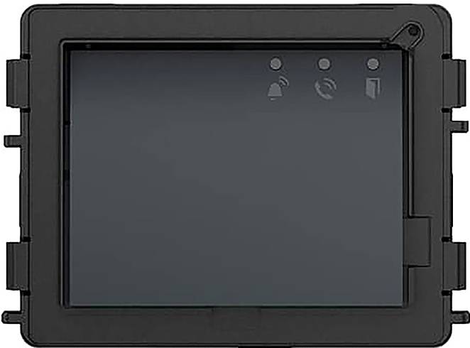 Ein rechteckiger schwarzer Gerätebildschirm mit Symbolen für Glocke, Telefon und Schloss oben, die den Benachrichtigungs-, Anruf- und Sicherheitsstatus anzeigen.