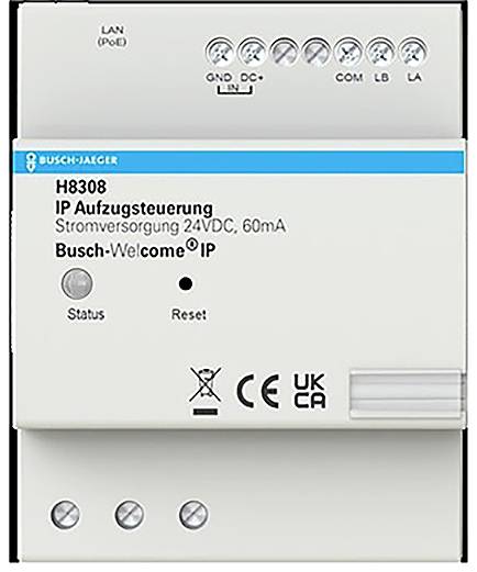 'Busch-Jaeger IP Aufzugssteuerung H8308' Gerät mit Anzeigen für Status, Zurücksetzen, Stromversorgung und LAN-Konnektivität.