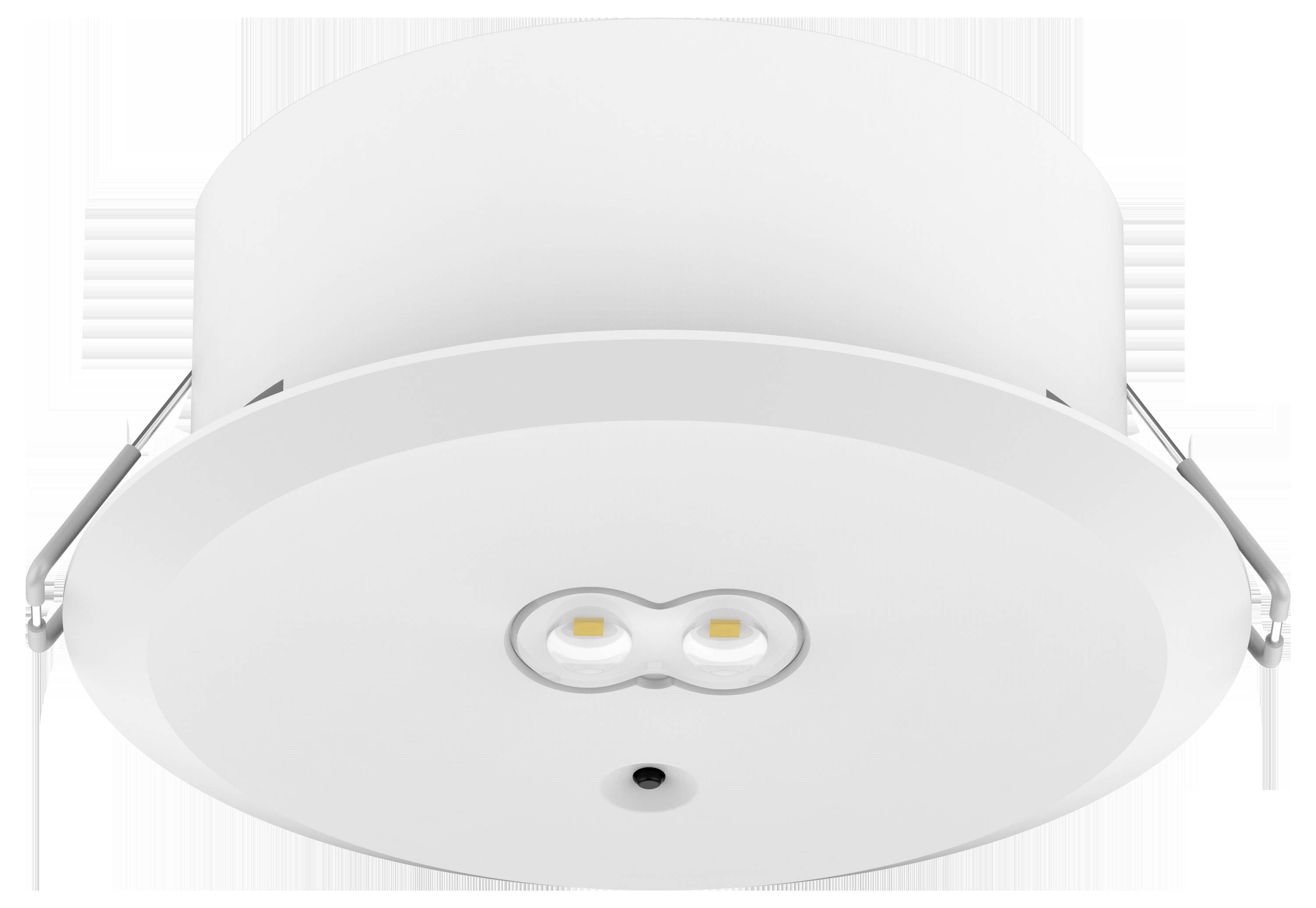 Eine runde weiße Einbau-Deckenleuchte mit zwei sichtbaren LED-Birnen und einem Sensor in der Mitte, geeignet für moderne Innenraumbeleuchtung.