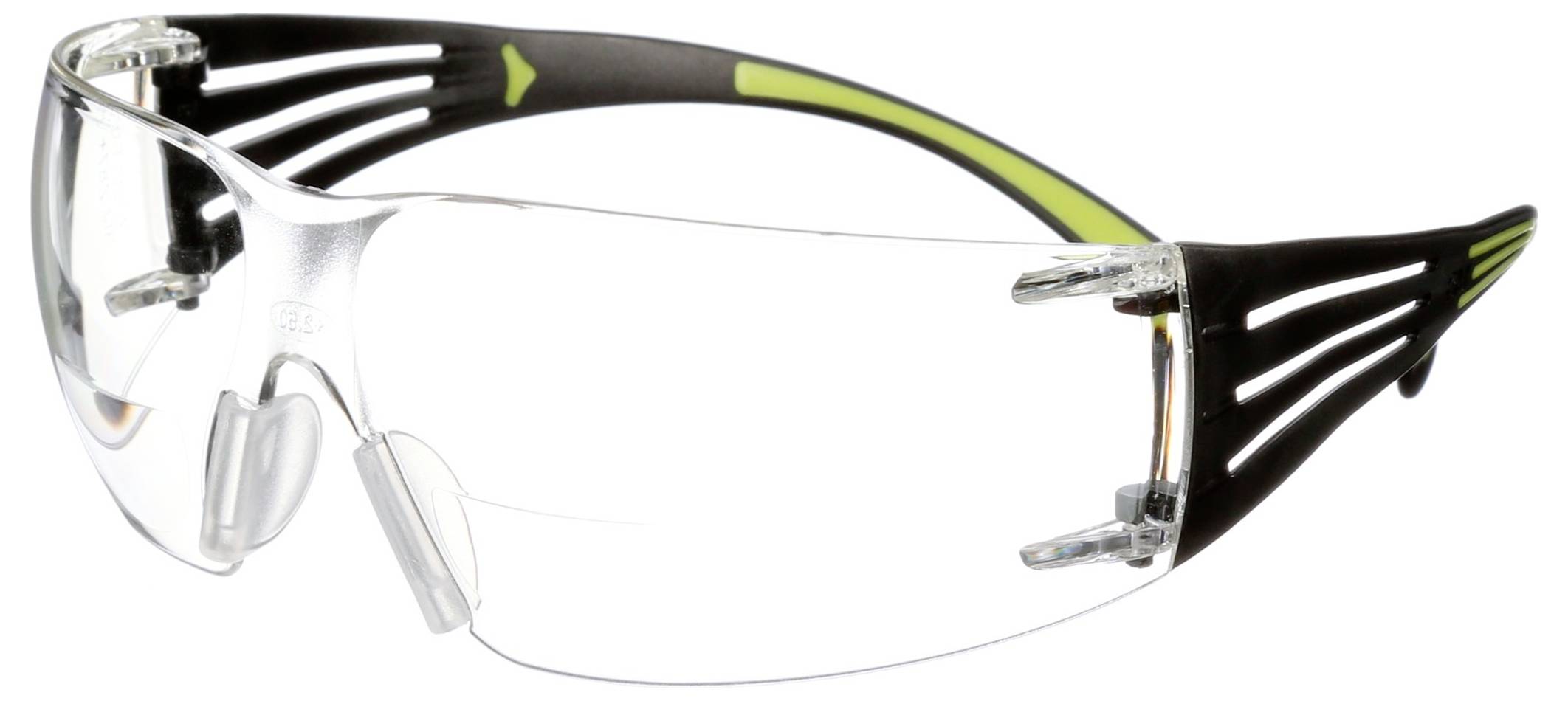Schutzbrille mit transparenten Gläsern und schwarzem Rahmen mit gelben Akzenten, entwickelt für den Augenschutz.
