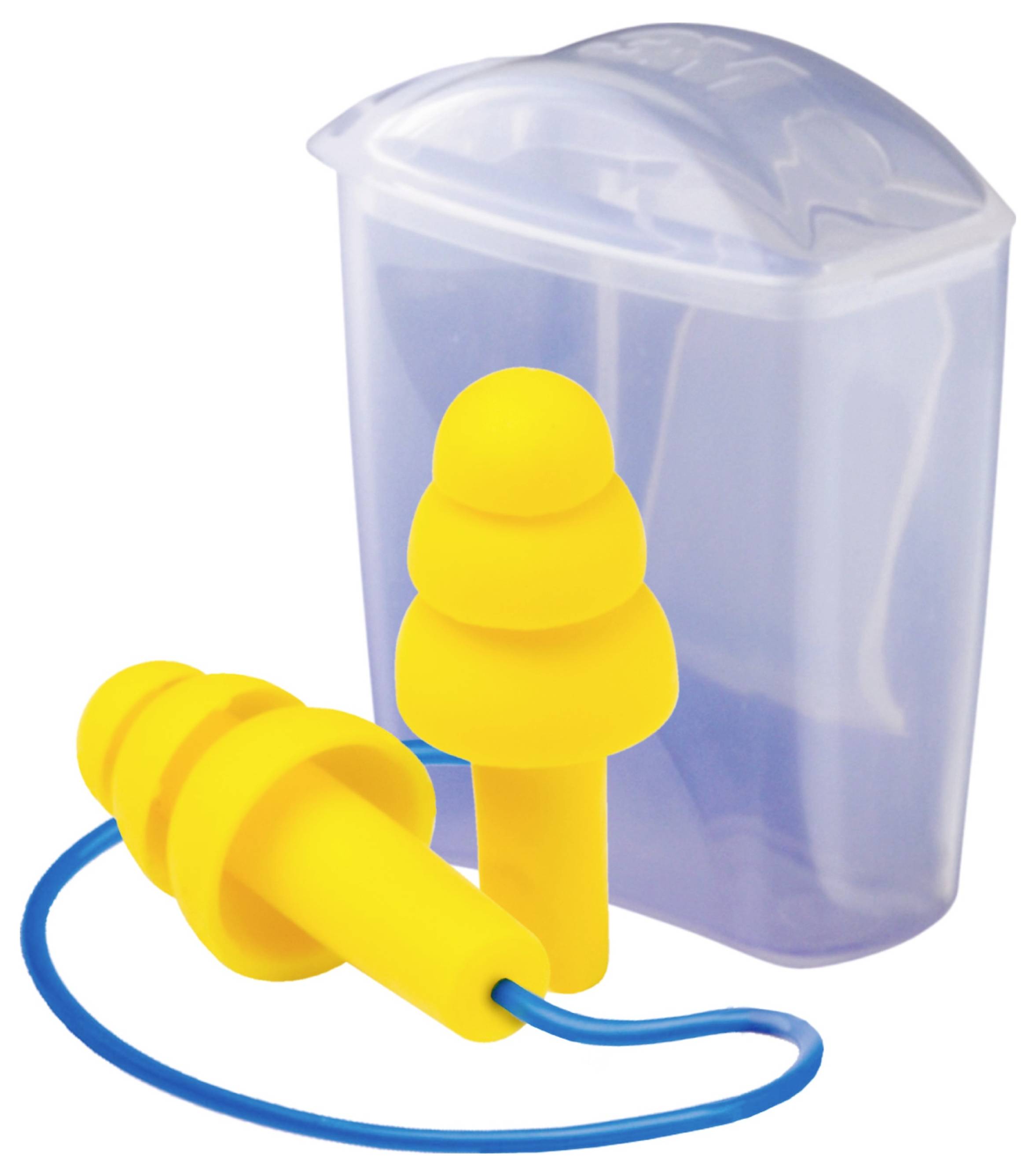 Gelbe Ohrstöpsel, die durch eine blaue Schnur verbunden sind, platziert vor einem durchscheinenden Kunststoffgehäuse.