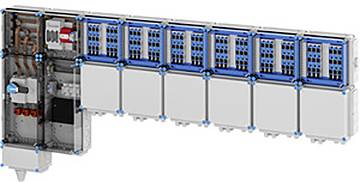 Elektroschalttafelsystem mit mehreren verbundenen Modulen, bestehend aus Schalterreihen und Verkabelungskompartimenten, das modulares Design demonstriert.
