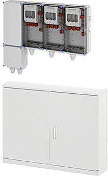 „Elektrische Schalttafelsysteme in modularer Ausführung mit mehreren Fächern. Darunter ein geschlossener Schrank mit zwei Türen zur Lagerung.
