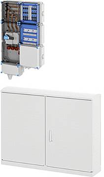 Eine elektrische Schaltkasten ist offen und zeigt interne Verkabelung und Komponenten; darunter ist ein geschlossener Schaltschrank dargestellt, der das Design hervorhebt.