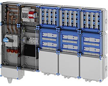 Ein industrielles Elektroschaltfeld mit mehreren blauen Modulen und verschiedenen Schaltern und Verbindungen, das komplexe Verdrahtung und Komponenten zeigt.