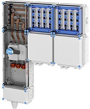 Elektroschalttafel-Baugruppe mit transparenter Abdeckung, die Verkabelung und Komponenten zeigt, einschließlich Schalter und Steckverbinder in kompaktem Design.