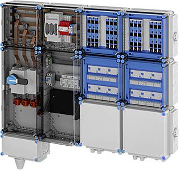 Das Bild zeigt ein elektrisches Verteilerpanel mit mehreren Schutzschaltern, Verkabelung und Steuerschaltern, die ordnungsgemäß in Fächern angeordnet sind.