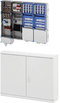 „Bild zeigt ein offenes Schaltschrank mit verschiedenen Schaltern und Komponenten und einem geschlossenen weißen Schrank darunter.