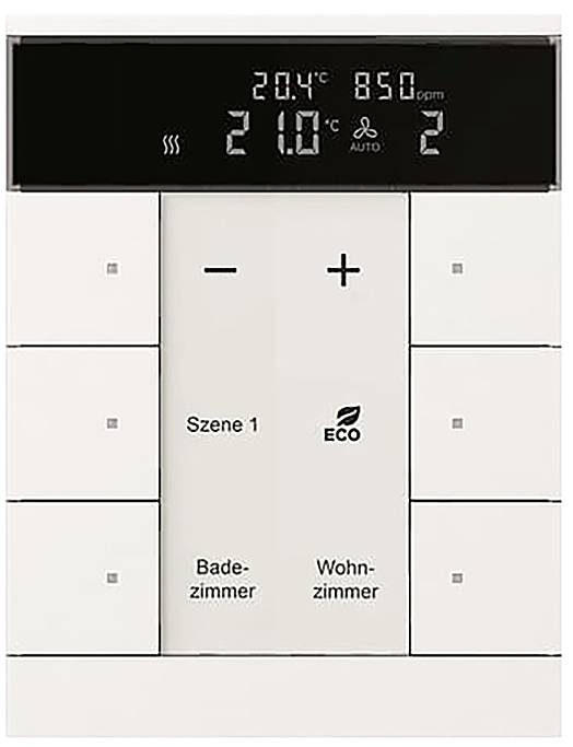 Ein digitales Thermostat, das die Temperatur bei 20,4°C und CO2-Werte bei 850 ppm anzeigt, mit Tasten für verschiedene Raumeinstellungen und ECO-Modus.