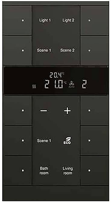 „Smarthome-Bedienfeld mit Tasten für Licht 1, Licht 2, Szene 1, Szene 2, Badezimmer, Wohnzimmer. Die zentrale Anzeige zeigt Temperatur und Lüftergeschwindigkeit.