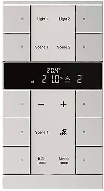 Ein digitales Thermostat-Bedienfeld mit Temperaturanzeige '21.0°C', mit Tasten für Beleuchtung und Szenen, und gekennzeichneten Bereichen für 'Badezimmer' und 'Wohnzimmer'.