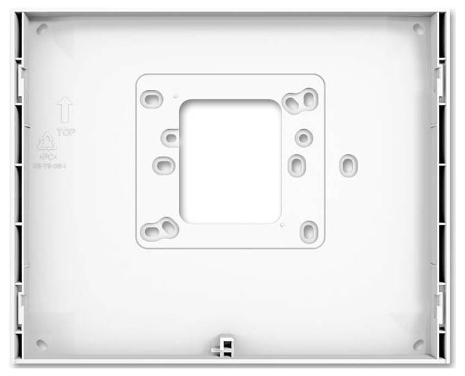 Eine weiße, rechteckige Kunststoff-Montageplatte mit mehreren Löchern verschiedener Formen und Größen zum Befestigen von Schrauben oder Steckverbindern.