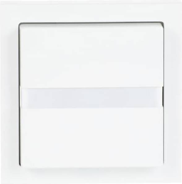 Ein weißer quadratischer Lichtschalter mit einer horizontalen Kerbe in der Mitte, montiert auf einer weißen Wand.