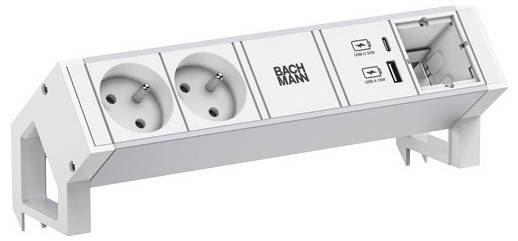 Eine weiße rechteckige Steckdosenleiste mit zwei europäischen Steckdosen, einem beschrifteten zentralen Bedienfeld 