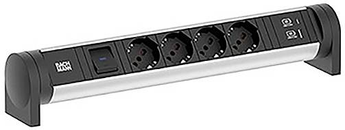 Eine Steckerleiste mit vier Steckdosen und zwei USB-Anschlüssen, für einfachen Zugriff auf Schreibtischen oder Tischen konzipiert, mit elegantem schwarzem und silbernem Finish.