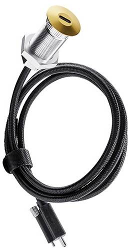 Ein zylindrischer Metallsensor mit einer goldenen Kappe, angebracht an einem schwarzen Spiralkabel und Stecker, verwendet zur Erkennung elektronischer Signale.