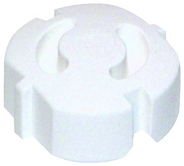 Eine weiße Kunststoffkappe mit einem kreisförmigen Design, das vier vorstehende Abschnitte und zwei gekrümmte Schlitze oben aufweist.