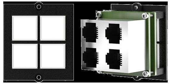 Zwei elektrische Blenden: eine mit vier weißen quadratischen Öffnungen, die andere mit vier Ethernet-Anschlüssen. Beide haben ein schwarzes Design und Befestigungslöcher.