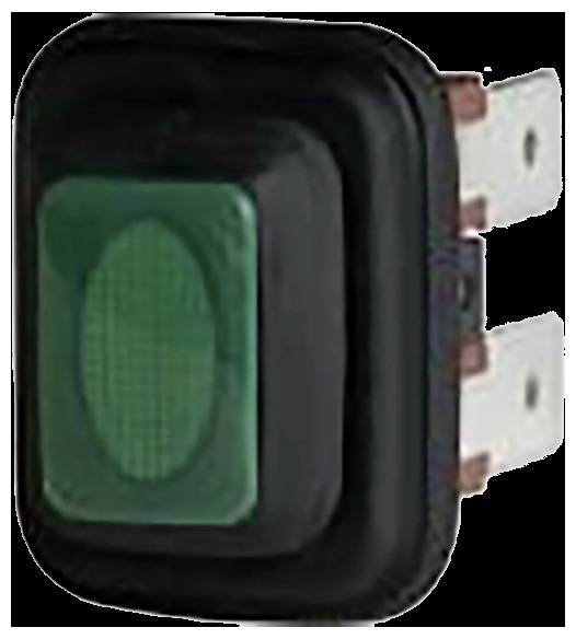 Ein grüner rechteckiger Druckschalter mit schwarzem Rahmen, mit zwei Metallkontakten auf der rechten Seite für elektrische Verbindungen.