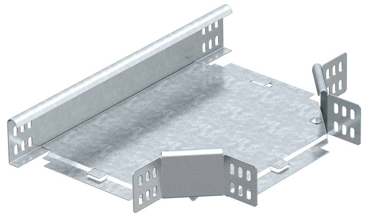 Ein Metallkabelkanal mit durchlöcherten Seitenwänden und flachem Boden, ausgestattet mit angewinkelten Befestigungsklammen zum Montieren, entworfen zur Organisation von Elektrokabeln.