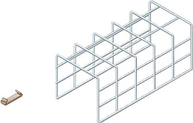 Eine gitterartige Struktur mit mehreren parallelen Stäben wird gezeigt, mit einer separaten kleinen Klammer auf der linken Seite.