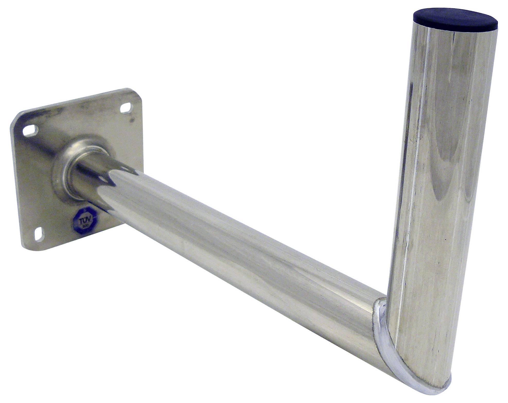 Wandmontierte Metallhalterung mit Winkeldesign, bestehend aus einer quadratischen Basis mit vier Schraubenlöchern für sichere Befestigung.