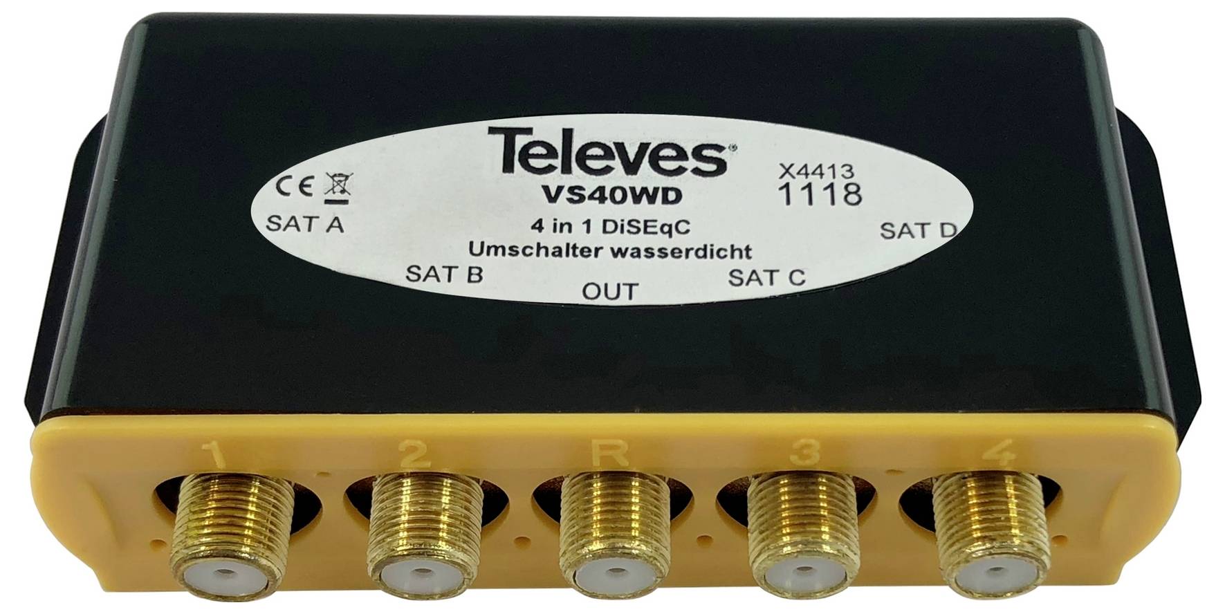 Satellitenumschalter mit vier Eingangsanschlüssen mit den Bezeichnungen SAT A, SAT B, SAT C und SAT D, Marke Televes, Modell VS40WD.