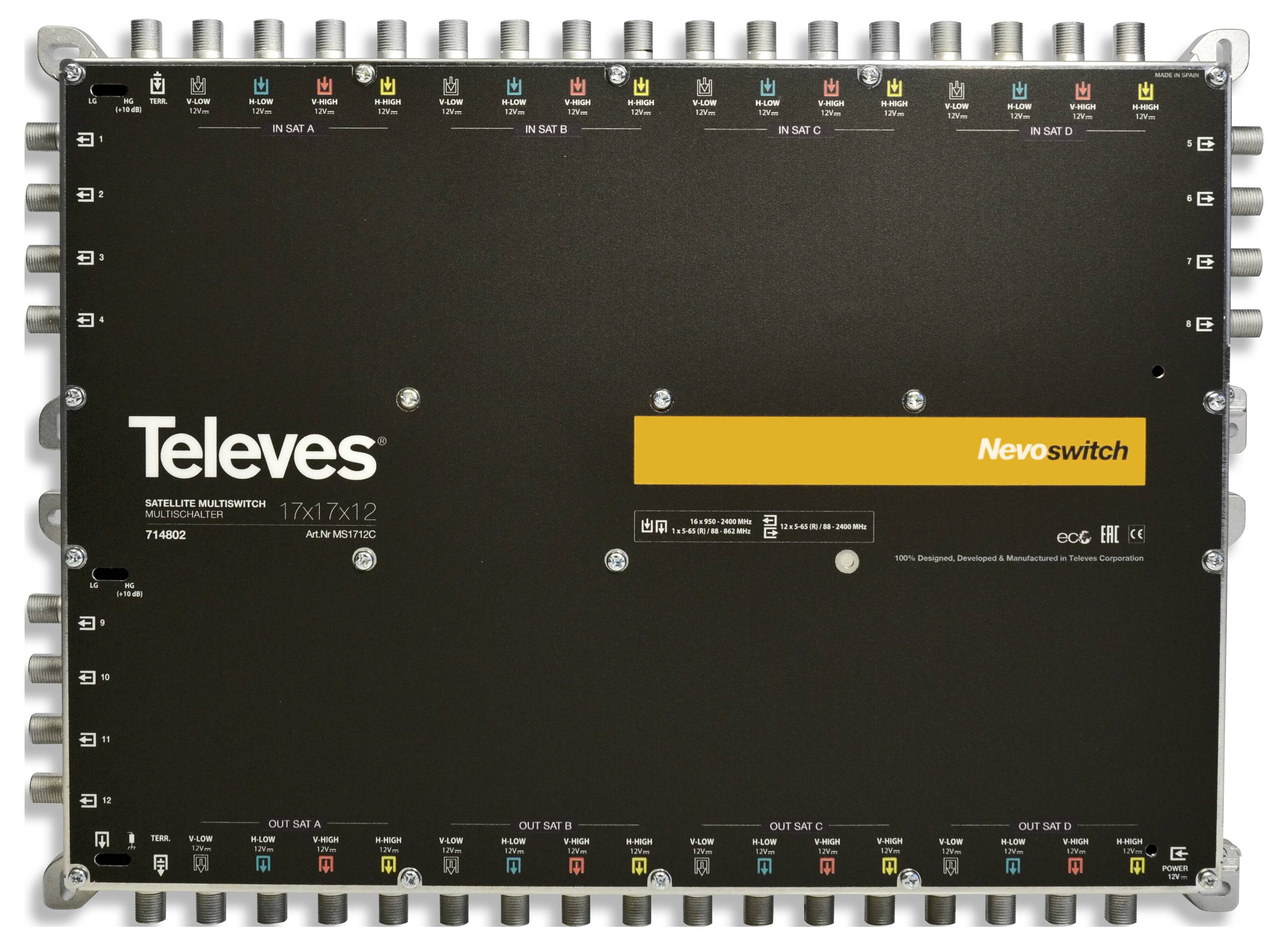 Televes Nevoswitch 17x1x12 Satellit-Multischalter zur Signalverteilung. Schwarzes rechteckiges Gerät mit verschiedenen Ein- und Ausgängen an den Kanten.