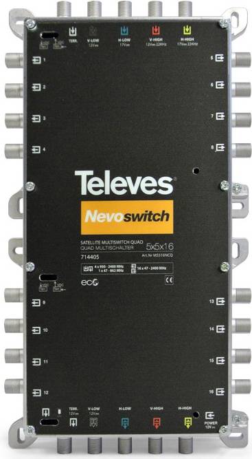 Televes Nevoswitch Satelliten-Multistation Quad-Multischalter 5x5x16, Modell 714405, mit verschiedenen Ein- und Ausgangssteckern.