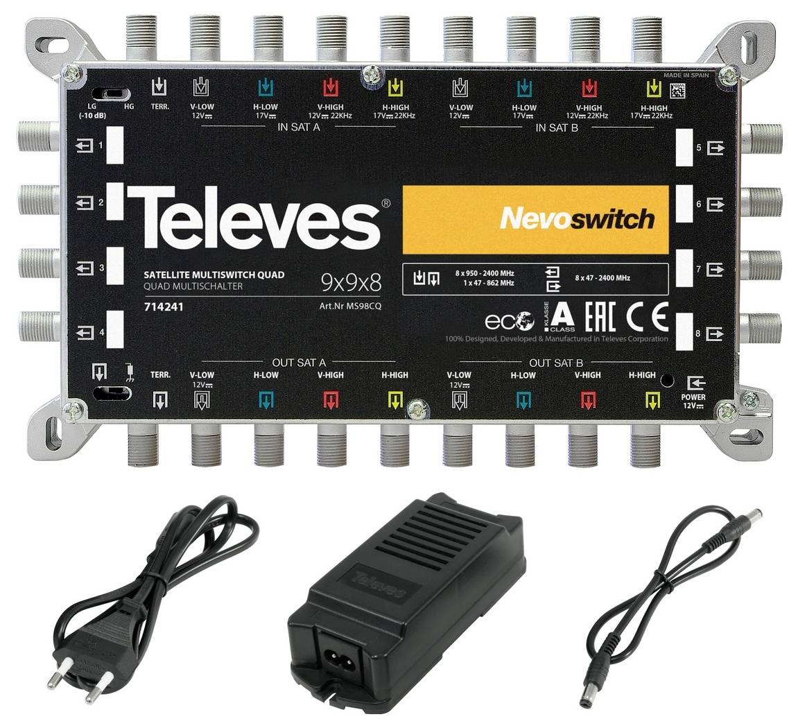 Ein Satelliten-Multiswitch von Televes, Modell Nevoswitch 9x9x8, wird mit mehreren Ein- und Ausgängen gezeigt. Includes Stromversorgung und Kabel.