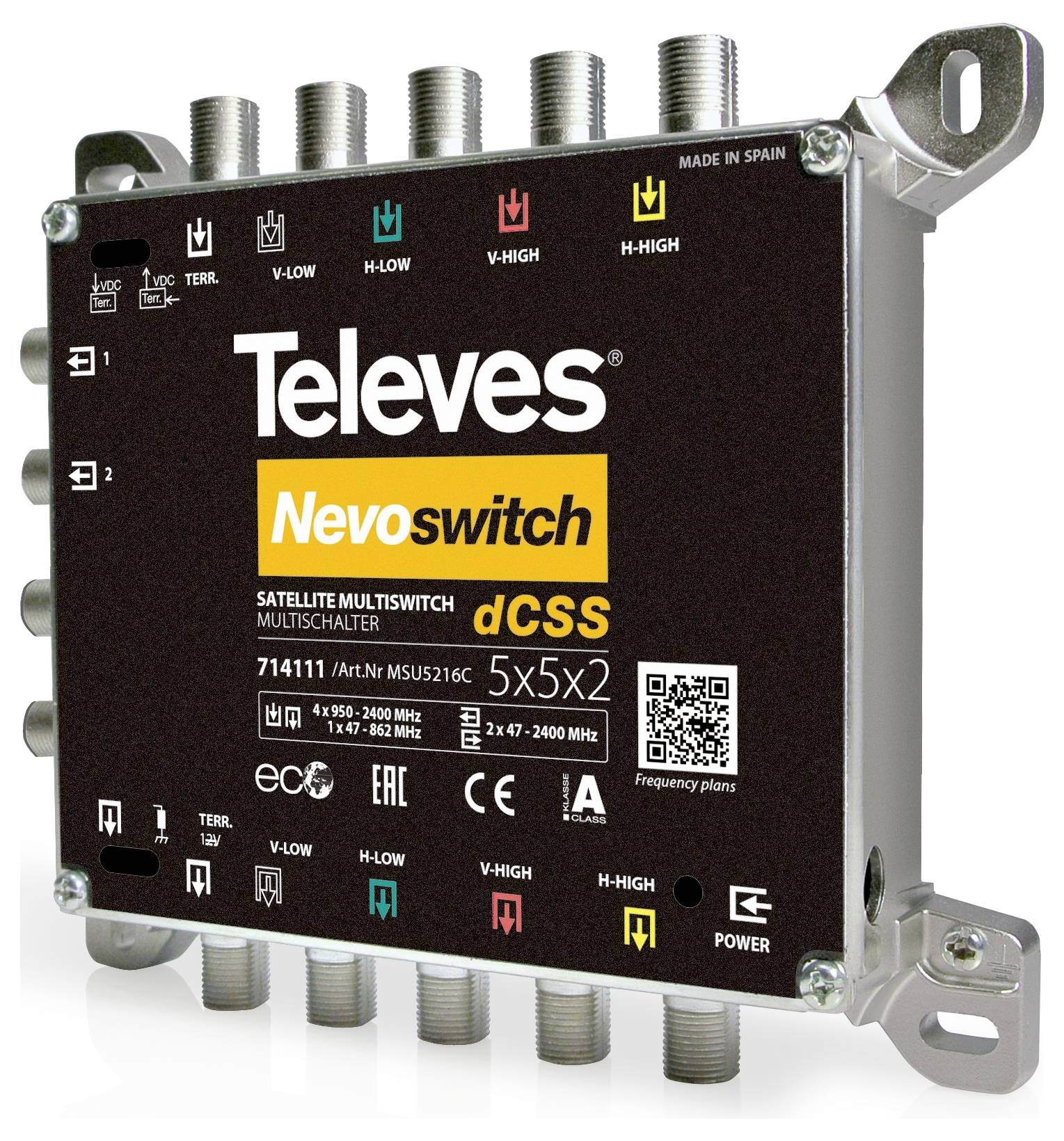 Satellitenumschalter-Gerät mit mehreren Koaxialsteckverbindern und Text „Televes Nevoswitch dCSS