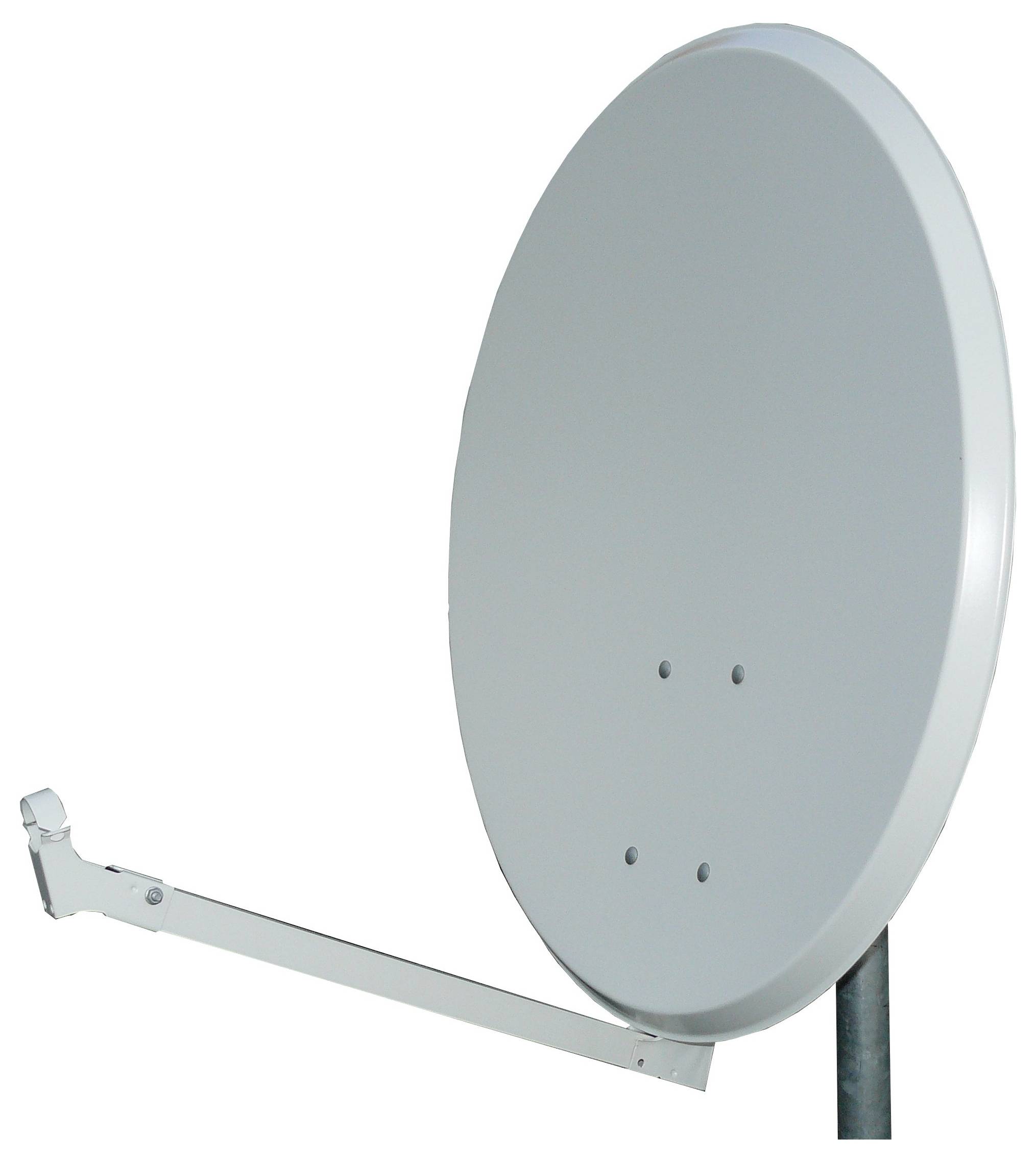 Ein graubraunes Satellitenschüssel mit einem einzelnen Stützarm, positioniert vor einem schlichten weißen Hintergrund.