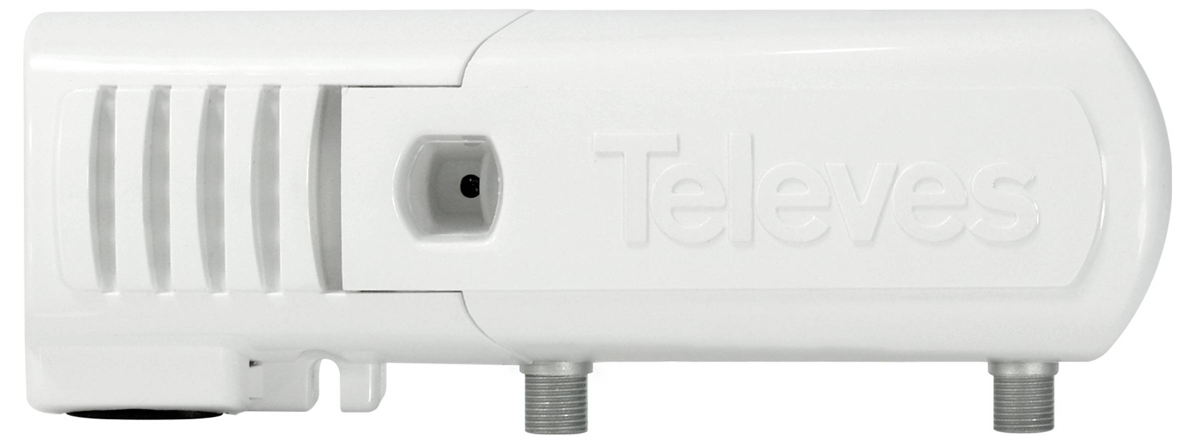 Ein weißes elektronisches Gerät von Televes mit Lüftungsöffnungen, Anschlüssen und angebrachten Schrauben, wahrscheinlich zur Signalverstärkung oder -verteilung.