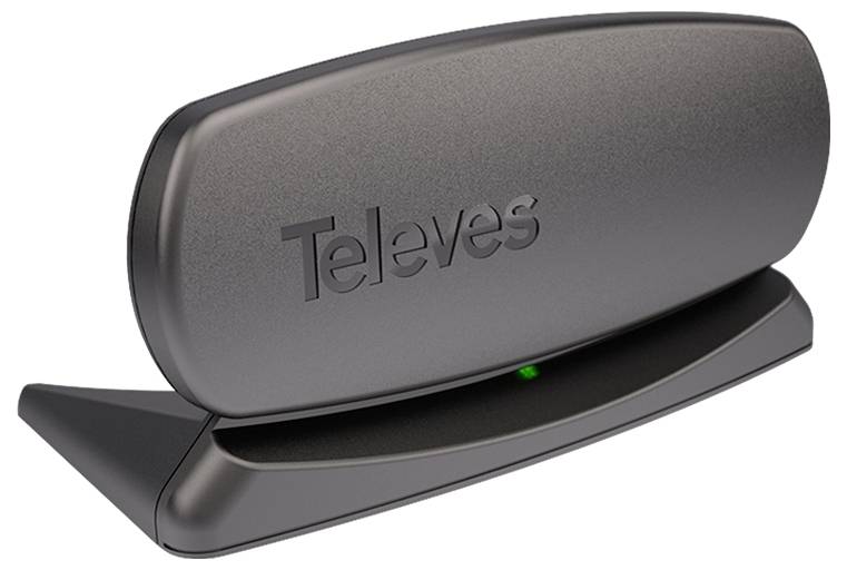 Eine schlanke schwarze Televes-Fernsehantenne mit grünem Indikatorlicht, für die Verwendung im Innenbereich konzipiert und mit modernem, kompaktem Design.