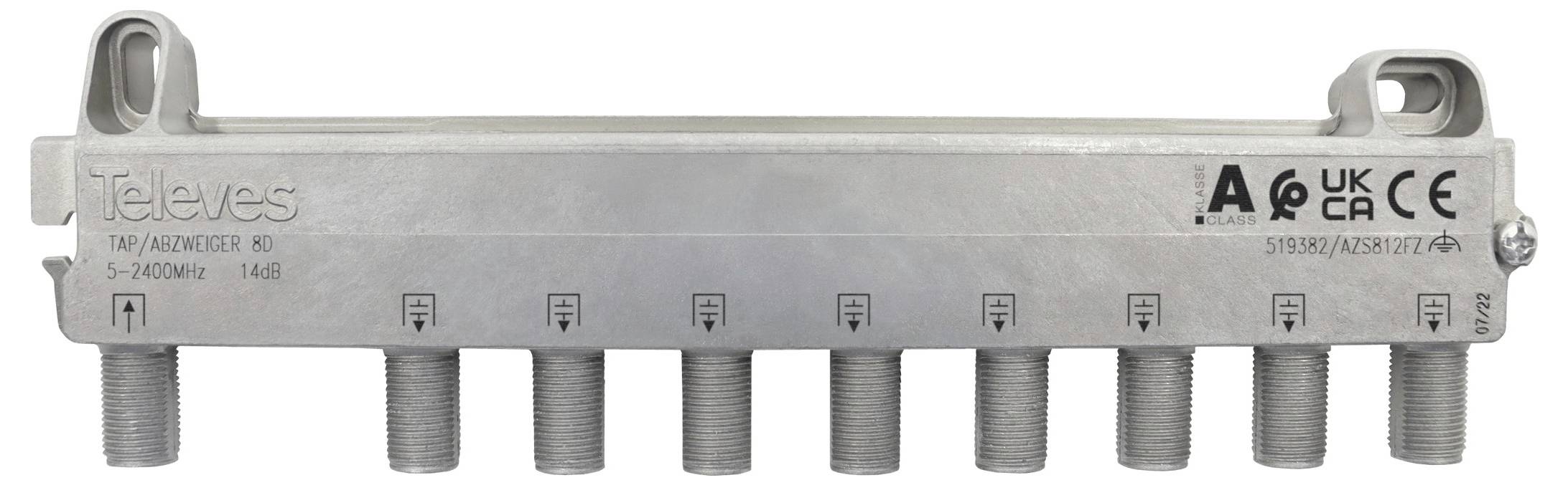 Ein Televes-Fernsehsignalverstärker mit acht Koaxialkabelanschlüssen. Zertifizierungen: UKCA, CE, RoHS sind auf dem Gerät angebracht.
