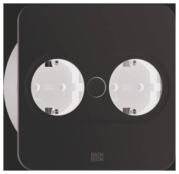 Zwei runde, weiße Elektrosteckdosen auf einem dunklen quadratischen Panel mit 