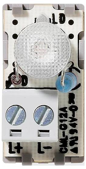 Ein LED-Glühbirnen-Steuermodul mit beschrifteten Anschlüssen. Das Modul verfügt über ein weißes rundes Bauteil, schwarze Markierungen und angeschlossene Drähte.