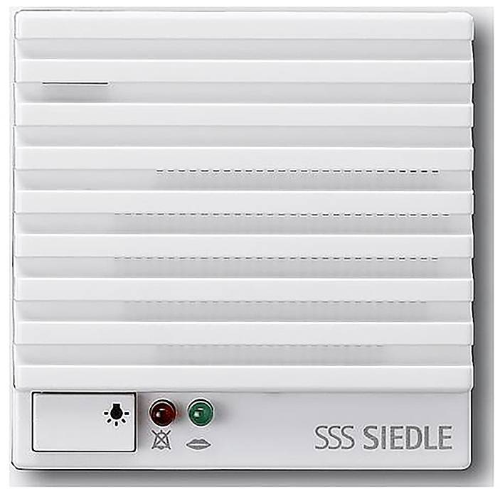 Weißer Gegensprechanlage-Lautsprecher mit Markenname SSS Siedle, mit Gitterdesign und Anzeigelichtern, Tasten für die Türkommunikation.