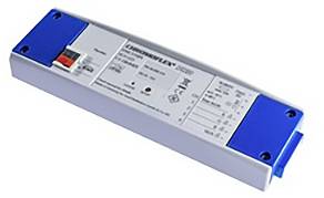 Rechteckiges elektronisches Gerät mit blauem und weißem Gehäuse, das ein Etikett mit technischen Spezifikationen und einen QR-Code aufweist.