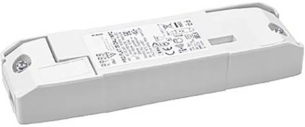 Rechteckiges weißes elektronisches Gerät mit Schrauben an jedem Ende, auf dessen Oberfläche technische Spezifikationen und Sicherheitssymbole aufgedruckt sind.