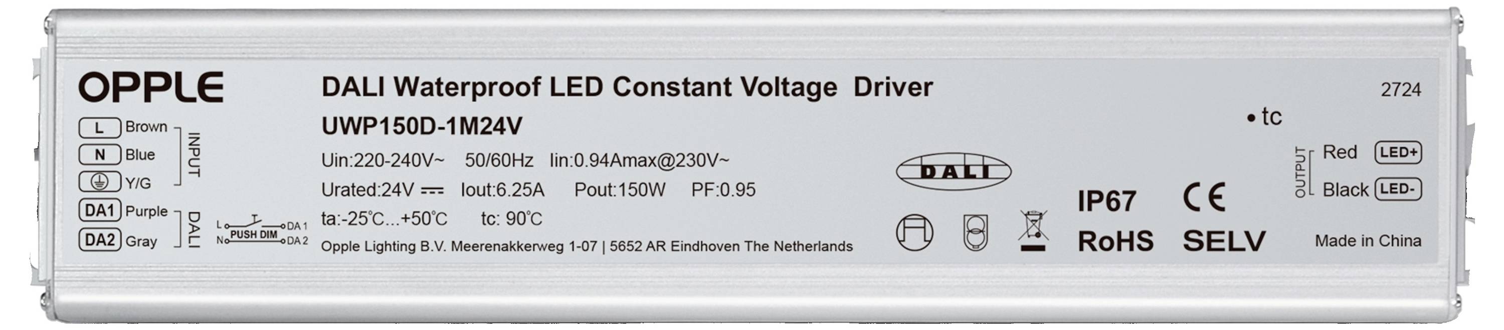„OPPLE DALI Wasserdichter LED Konstantspannungstreiber UWP150D-1M24V. Eingang: 220-240V~, Ausgang: 24V. IP67, RoHS, SELV. Hergestellt in China.