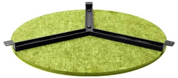 Grüne kreisförmige Scheibe mit einer schwarzen Metallstützstruktur darunter, bestehend aus drei ausstrahlenden Streben, die bis zu den Kanten reichen.