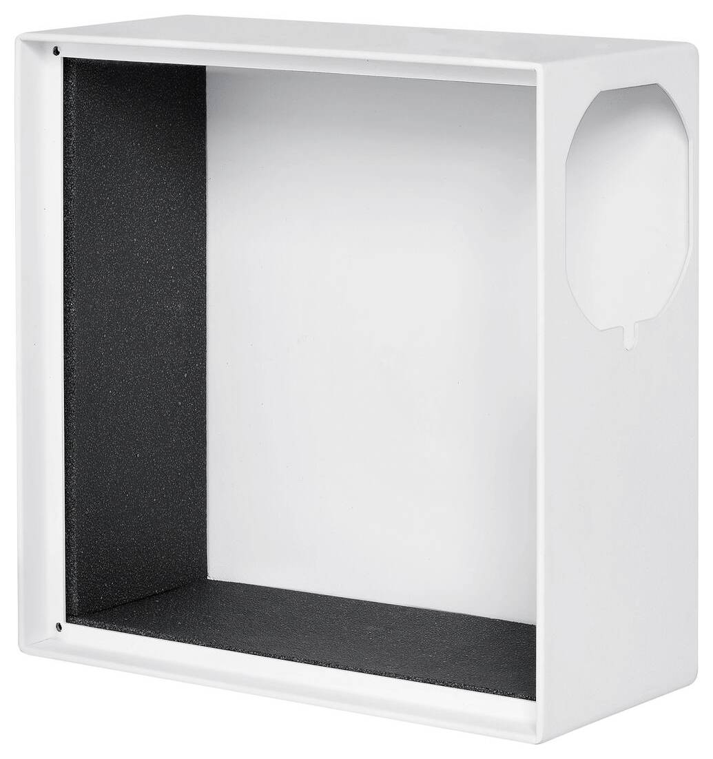 Ein weißes rechteckiges Einbauwandschrank mit dunklem Innenraum und einem integrierten Gewebespender-Schlitz auf der rechten Seite.