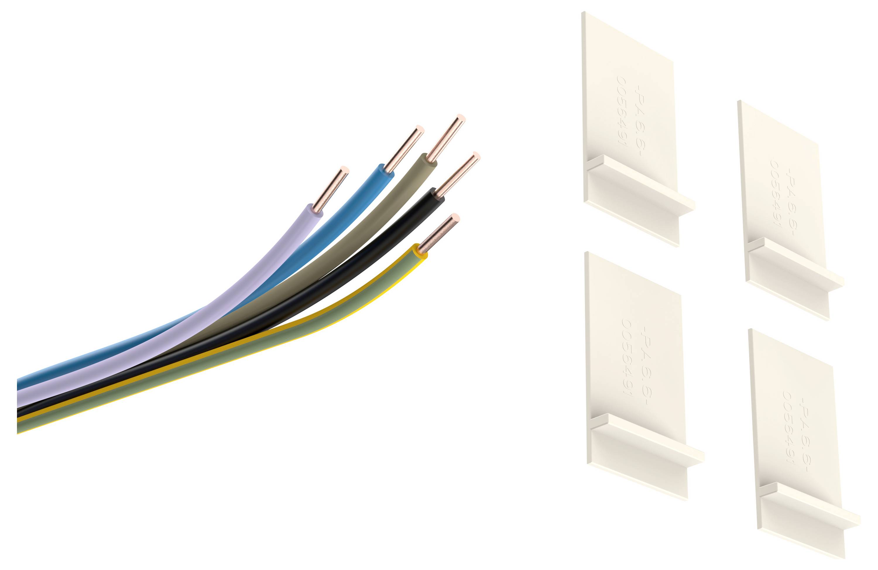 Vier Kupfer- und isolierte Elektrokabel auf der linken Seite; vier weiße wandmontierte Kabelklemmen auf der rechten Seite.