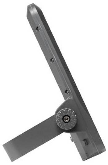 Graues Metallverstellbares Halterungswinkel mit schwenkbarem Arm und Verriegelungsknopf, gezeigt auf weißem Hintergrund.