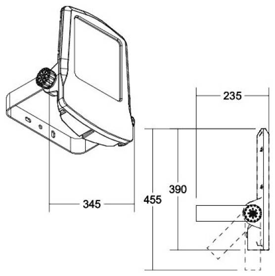 Maßstabgerechte technische Zeichnung einer Monitorhalterung, die Vorder- und Seitenansichten mit Abmessungen von 345, 455, 390 und 235 mm zeigt.