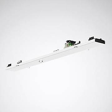 Eine weiße rechteckige Deckenleuchte mit mehreren kleinen Komponenten und Glühbirnen, konzipiert für moderne Innenbeleuchtung.