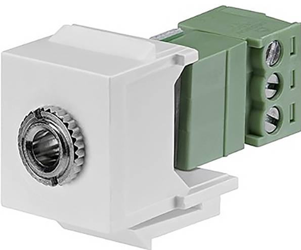 Weißer Keystone-Koppler mit metallischem Koaxialanschluss und grünem Anschlussblock, verwendet zum Verbinden von Video- oder Datenkabeln in Netzwerk-Setups.