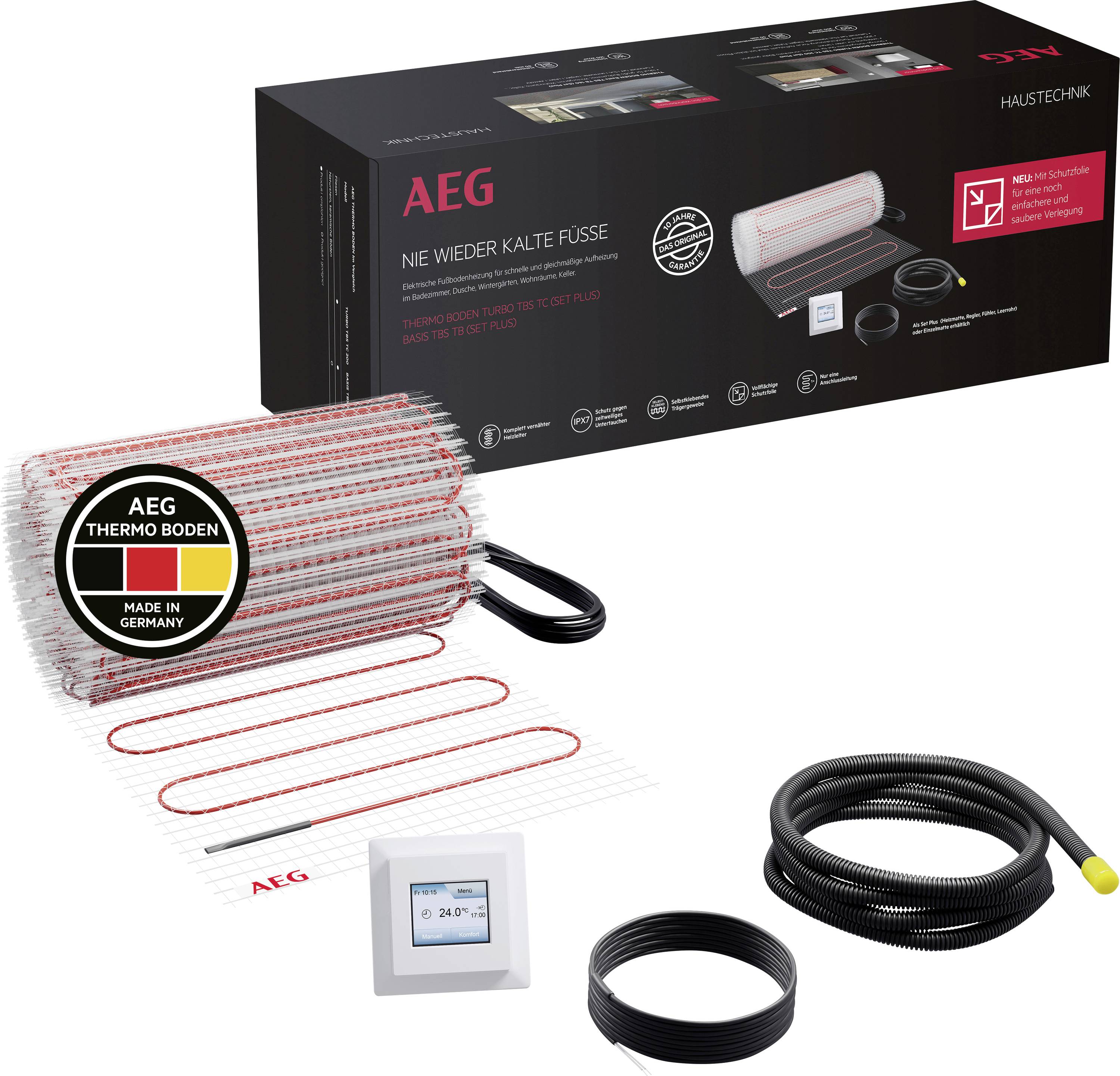 System zur Fußbodenheizung 'AEG Haustechnik' mit Wärmematte, Bedienfeld mit Anzeige '24°C' und Verdrahtungskomponenten. Verpackungskarton enthalten.